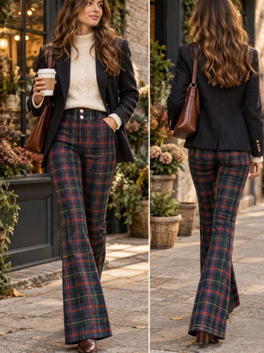 Alice + Olivia Tartan Plaid Flare Pants Navy Green Red Cotton Blend Size 6 - Picture 10 of 10